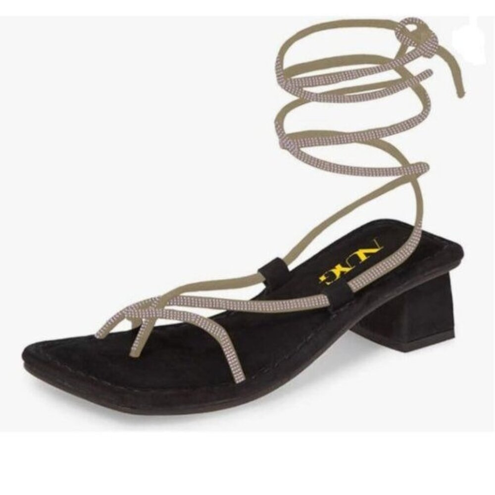 Black Gladiator Block Low Heel Sandal for Women Ankle Strap Open Square Toe Shoe